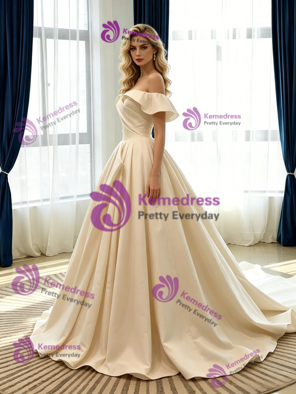 Champagne Satin Off the Shoulder Pleats Wedding Dress