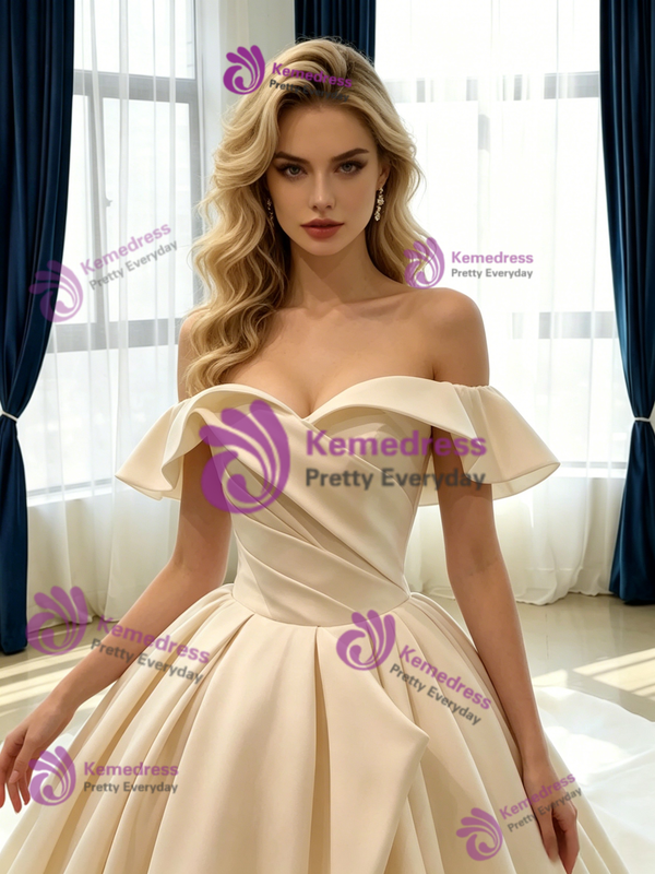 Champagne Satin Off the Shoulder Pleats Wedding Dress