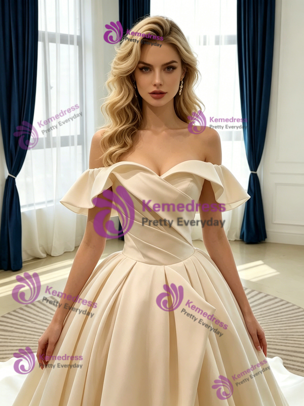 Champagne Satin Off the Shoulder Pleats Wedding Dress