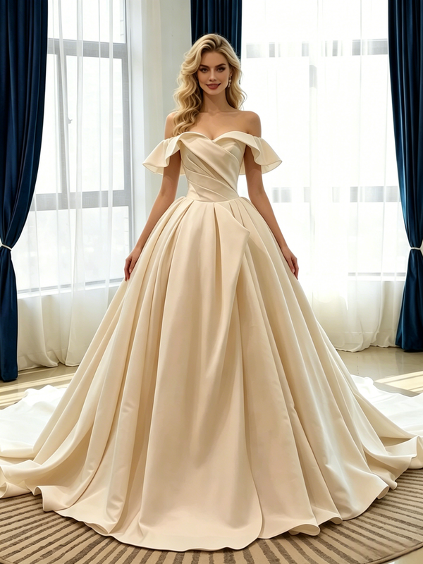 Champagne Satin Off the Shoulder Pleats Wedding Dress