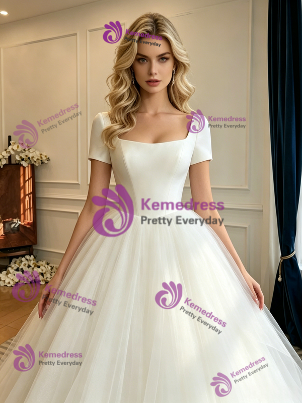 White Tulle Shrot Sleeve Wedding Dress