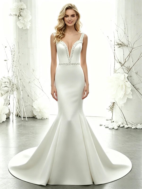 White Mermaid Straps Beading Wedding Dress