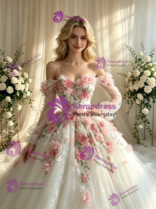 White Tulle Straps Appliques Wedding Dress