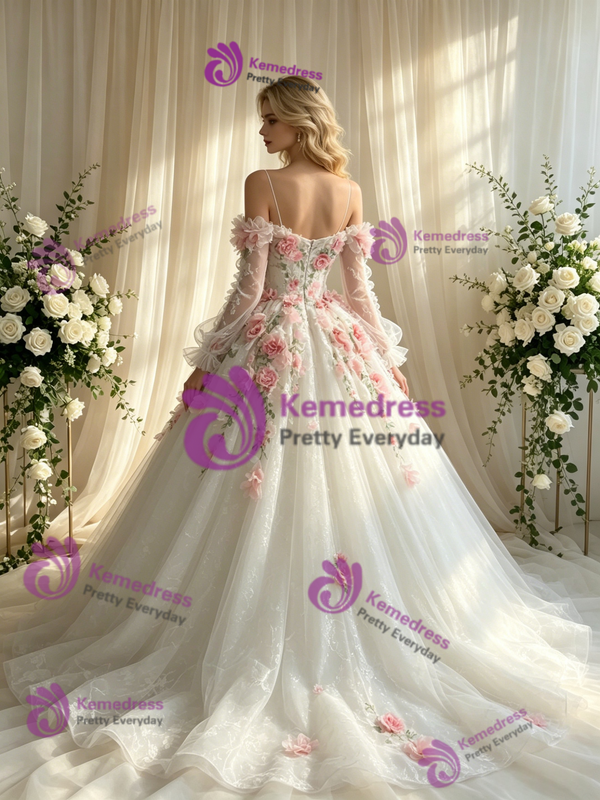 White Tulle Straps Appliques Wedding Dress