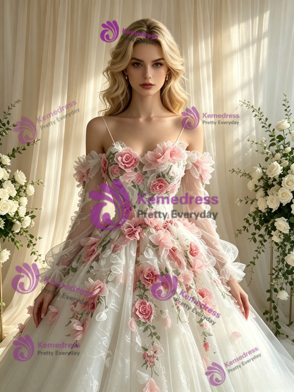 White Tulle Straps Appliques Wedding Dress