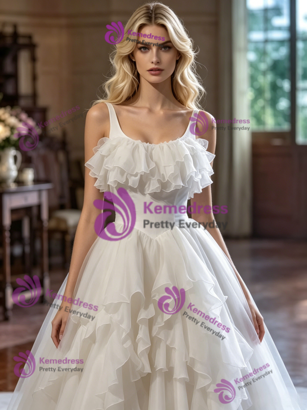 White Tulle Straps Wedding Dress
