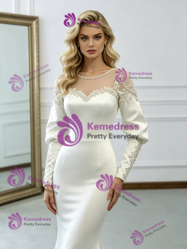 Beige White Mermaid Satin Long Sleeve Wedding Dress