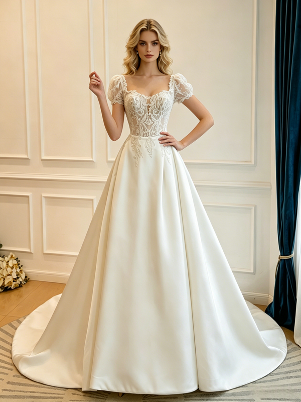 White Satin Lace Short Sleeve Wedding Dress