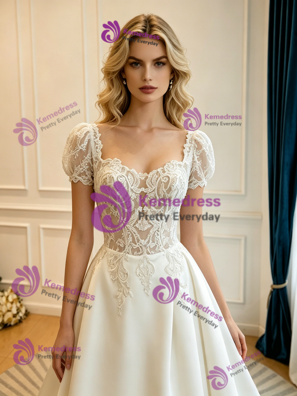 White Satin Lace Short Sleeve Wedding Dress
