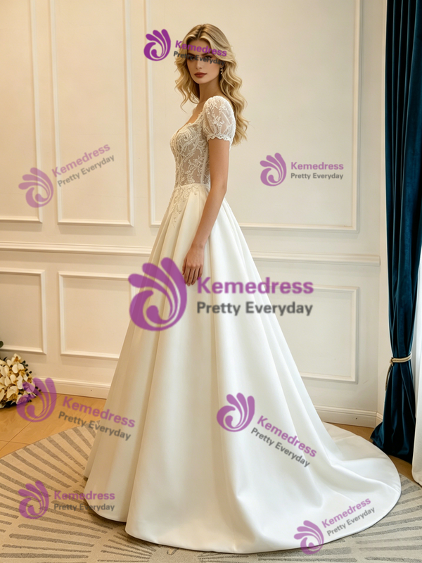 White Satin Lace Short Sleeve Wedding Dress