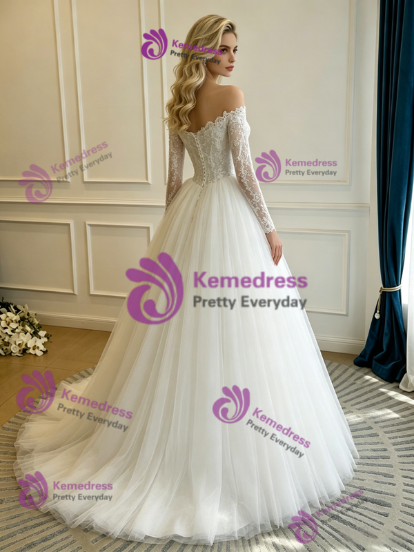 White Tulle Lace Long Sleeve Wedding Dress