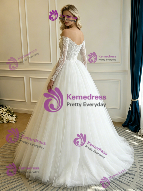 White Tulle Lace Long Sleeve Wedding Dress