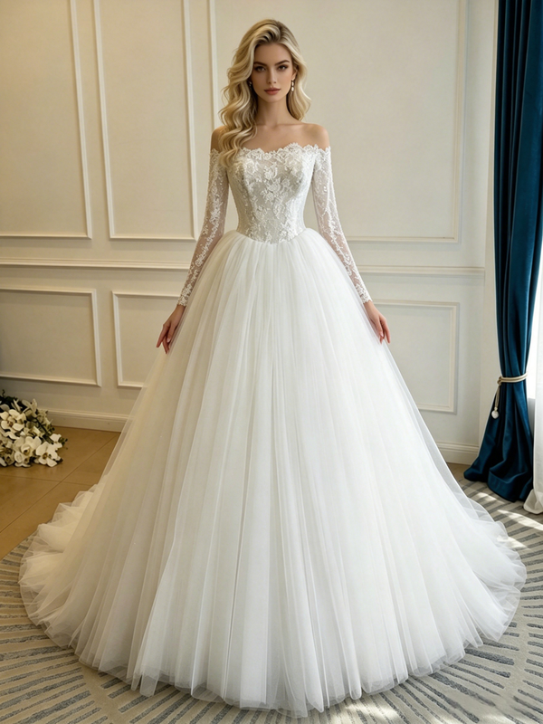 White Tulle Lace Long Sleeve Wedding Dress