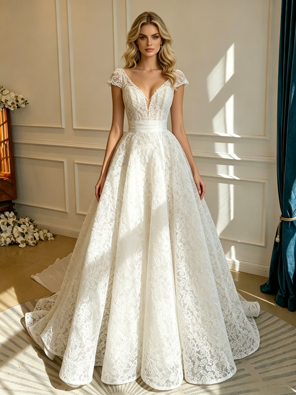 White Lace V-neck Cap Sleeve Wedding Dress