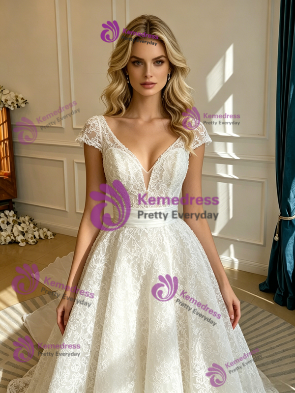 White Lace V-neck Cap Sleeve Wedding Dress