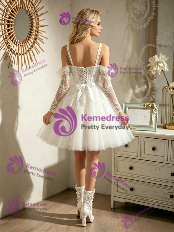 White Tulle Lace Long Sleeve Wedding Dress