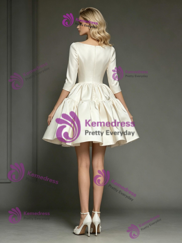 Ivory Satin V-neck Long Sleeve Wedding Dress