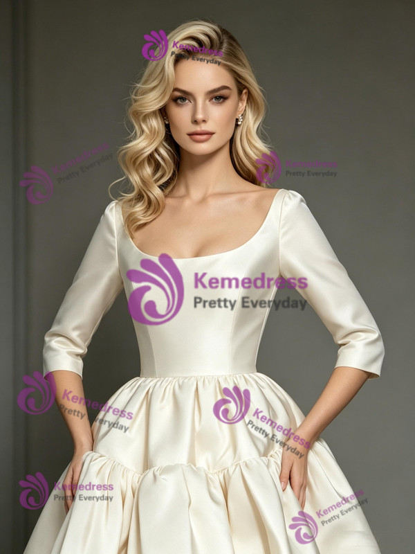 Ivory Satin V-neck Long Sleeve Wedding Dress
