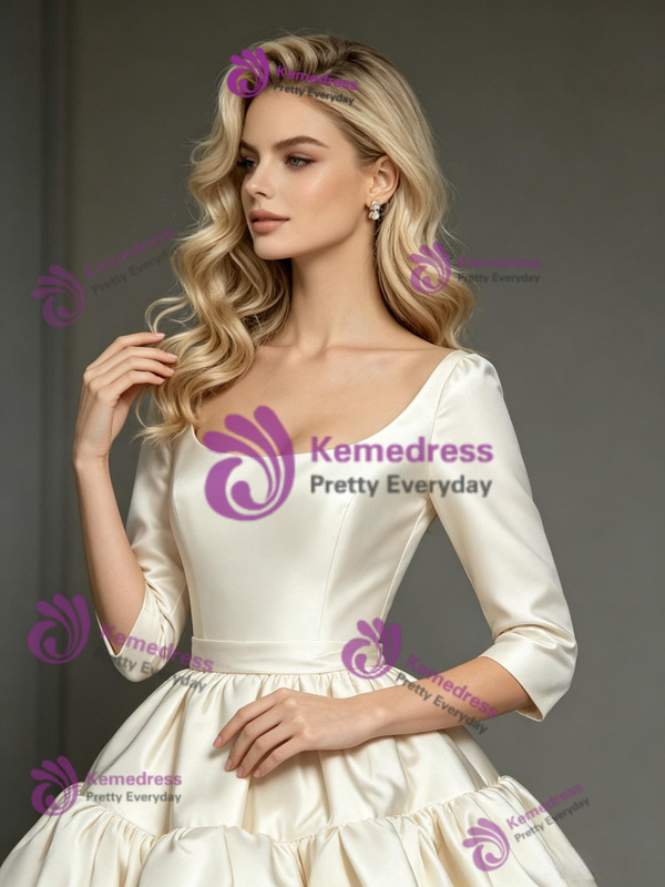 Ivory Satin V-neck Long Sleeve Wedding Dress
