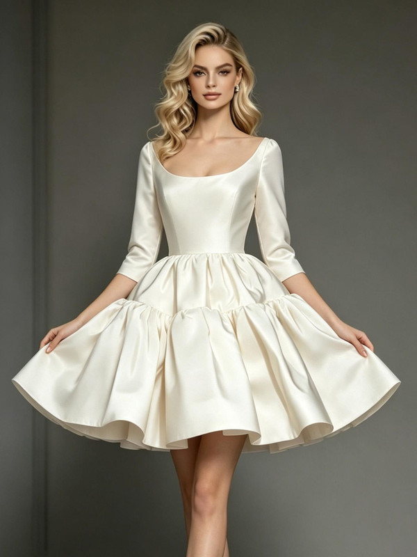 Ivory Satin V-neck Long Sleeve Wedding Dress