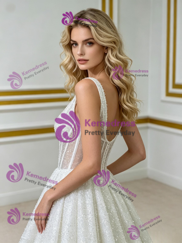 White Sequins Hi Lo V-neck Wedding Dress