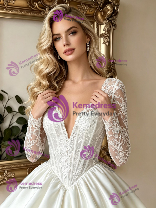 White Satin Lace Long Sleeve V-neck Wedding Dress