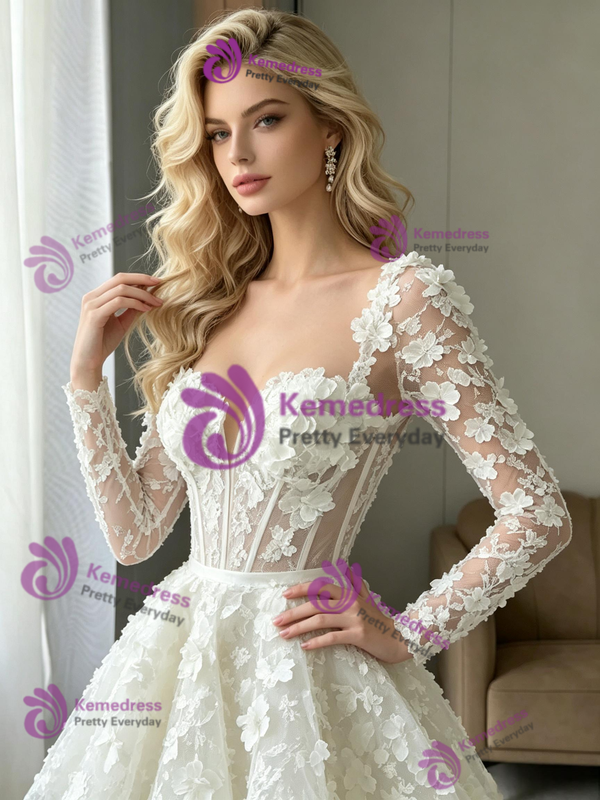 White Tulle Long Sleeve Appliques Wedding Dress
