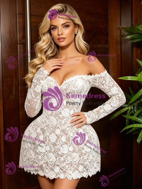 Longg Sleeve Lace Off the Shoulder Mini Wedding Dress