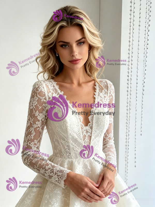 Beige White Lace V-neck Wedding Dress