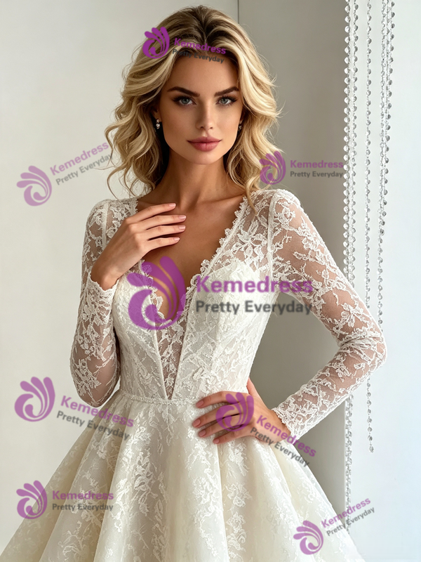 Beige White Lace V-neck Wedding Dress