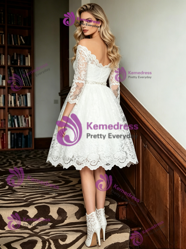 White Lace Short Sleeve Wedding Dress