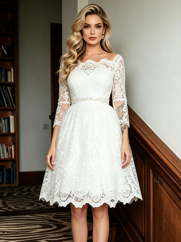 White Lace Short Sleeve Wedding Dress