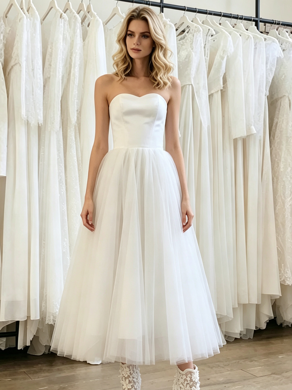 White Tulle Strapless Wedding Dress