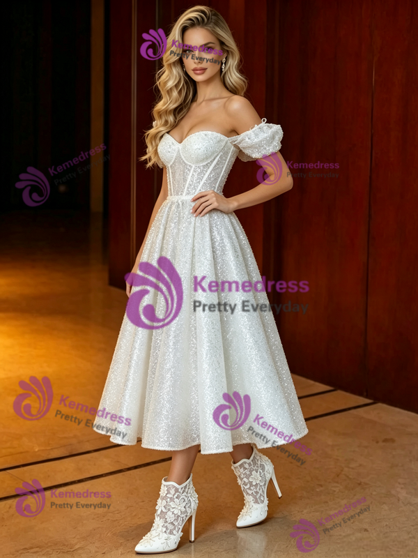 White Sequins Off the Shoulder Wedding Dress
