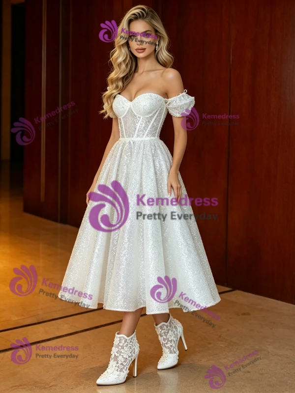 White Sequins Off the Shoulder Wedding Dress