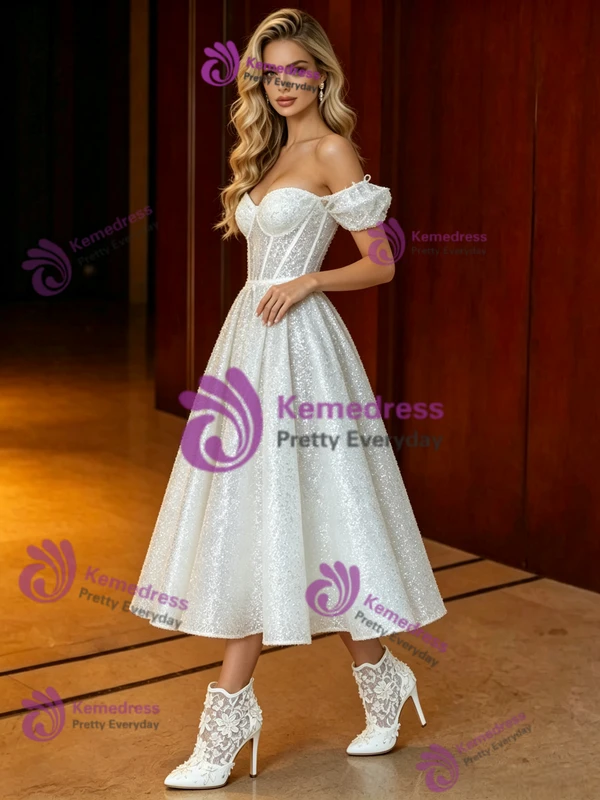 White Sequins Off the Shoulder Wedding Dress