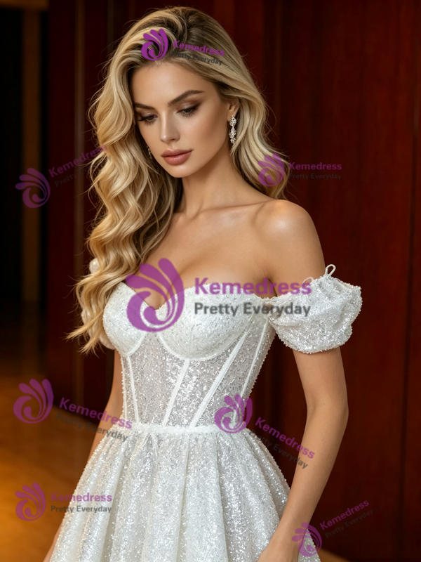 White Sequins Off the Shoulder Wedding Dress