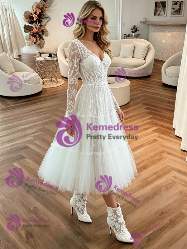 White Tulle V-neck Long Sleeve Wedding Dress