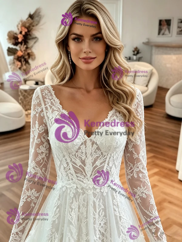 White Tulle V-neck Long Sleeve Wedding Dress