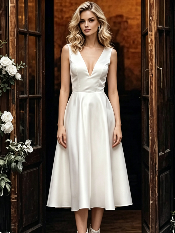 White Satin V-neck Wedding Dress