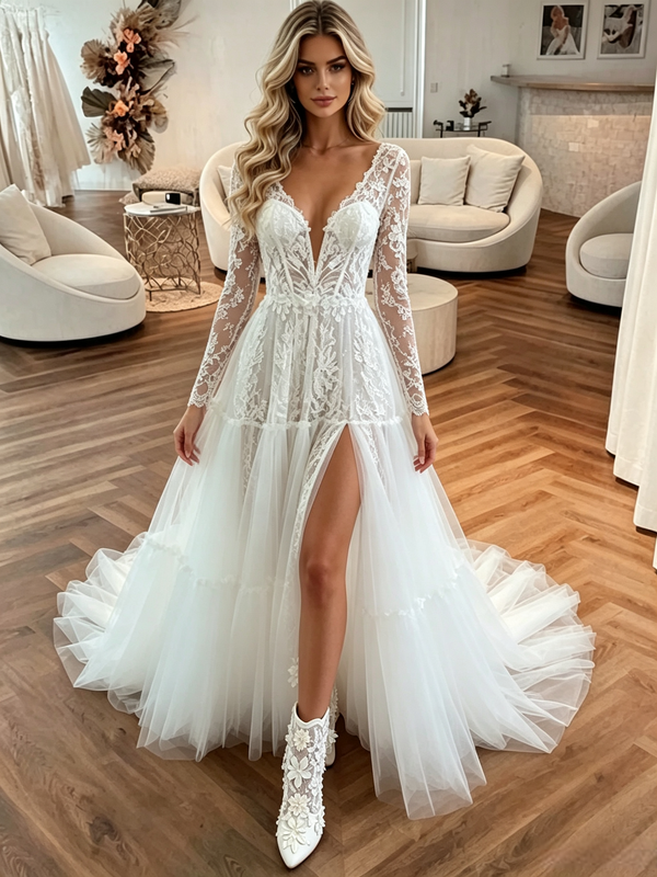 White Tulle Appliques V-neck Wedding Dress