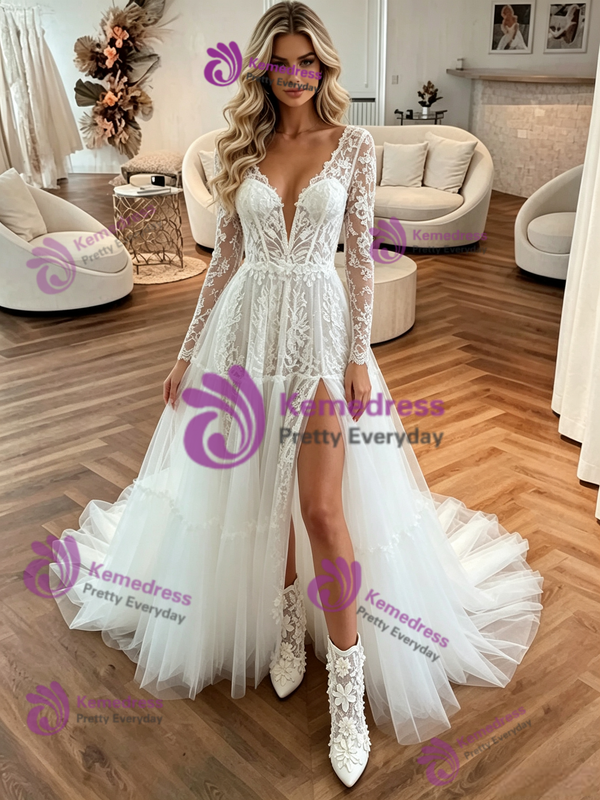White Tulle Appliques V-neck Wedding Dress