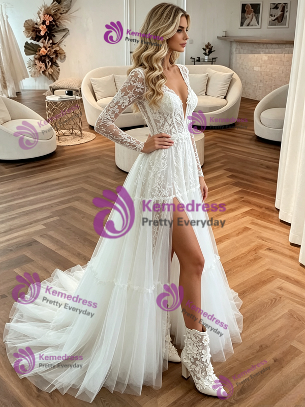 White Tulle Appliques V-neck Wedding Dress