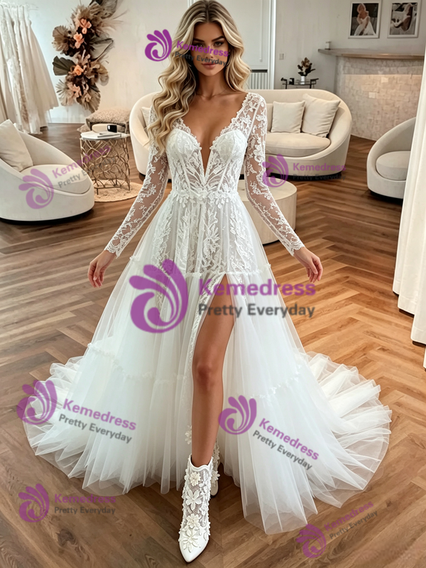 White Tulle Appliques V-neck Wedding Dress