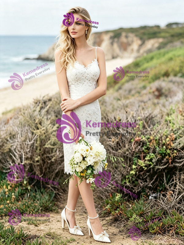 White Lace Spaghetti Straps Wedding Dress