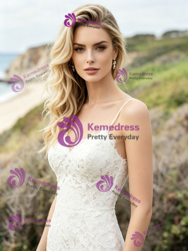 White Lace Spaghetti Straps Wedding Dress