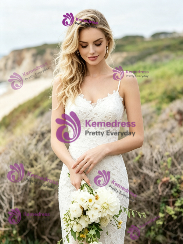 White Lace Spaghetti Straps Wedding Dress