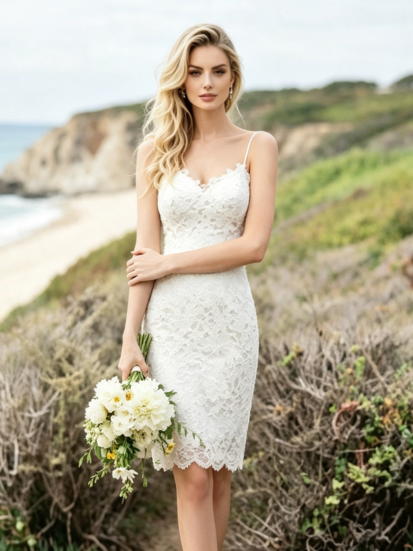 White Lace Spaghetti Straps Wedding Dress