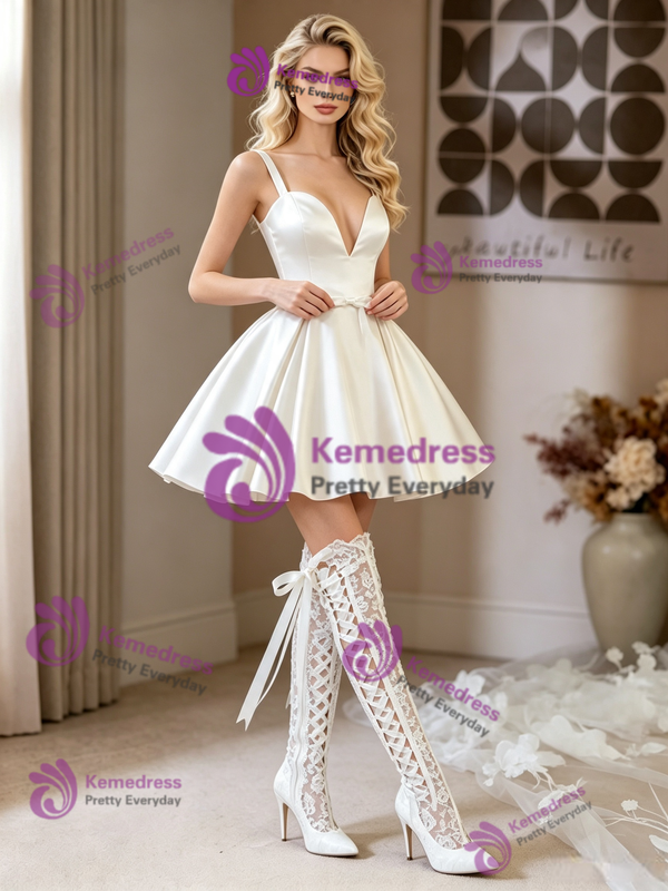 White Satin Straps Short Wedding Dress