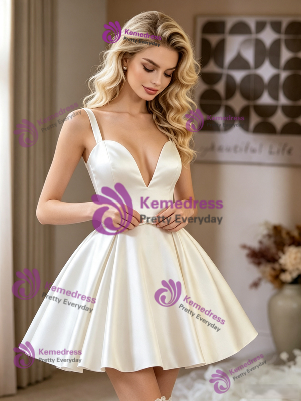 White Satin Straps Short Wedding Dress